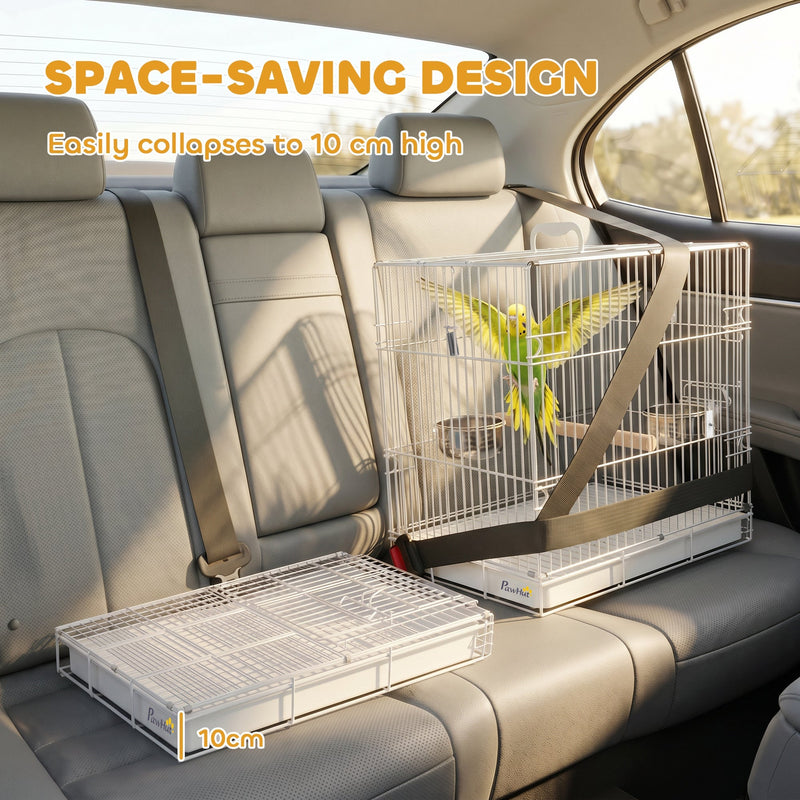 Bird cage folded flat to 10 cm high lying on a car back seat