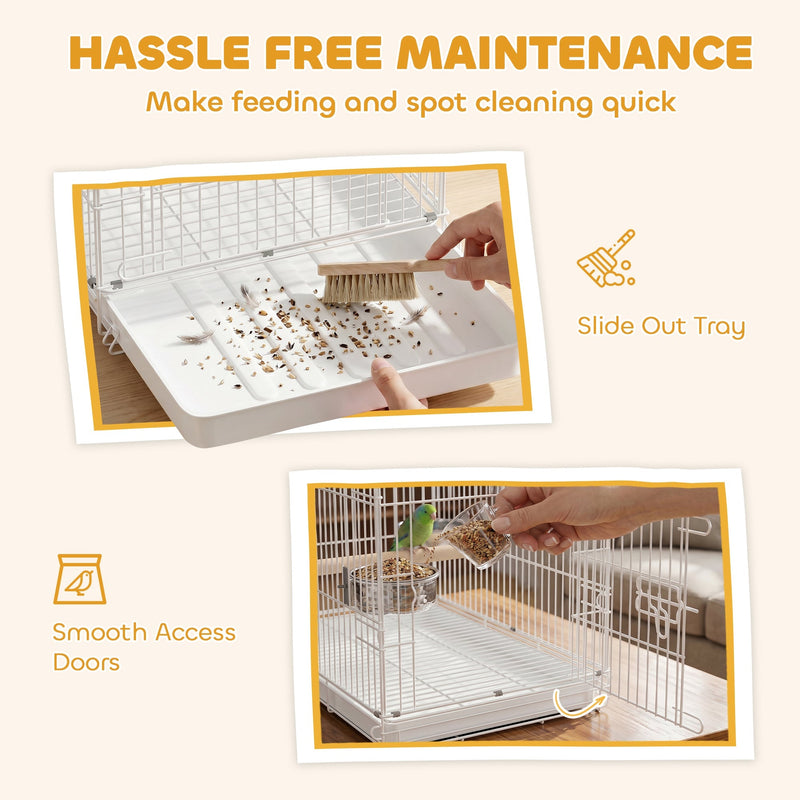 Slide-out tray being brushed clean and a hand feeding a bird through the side door