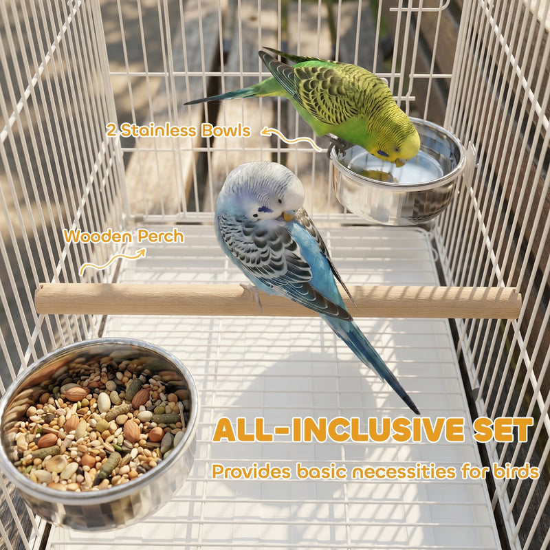 Two budgies on the wooden perch beside the two stainless steel food bowls