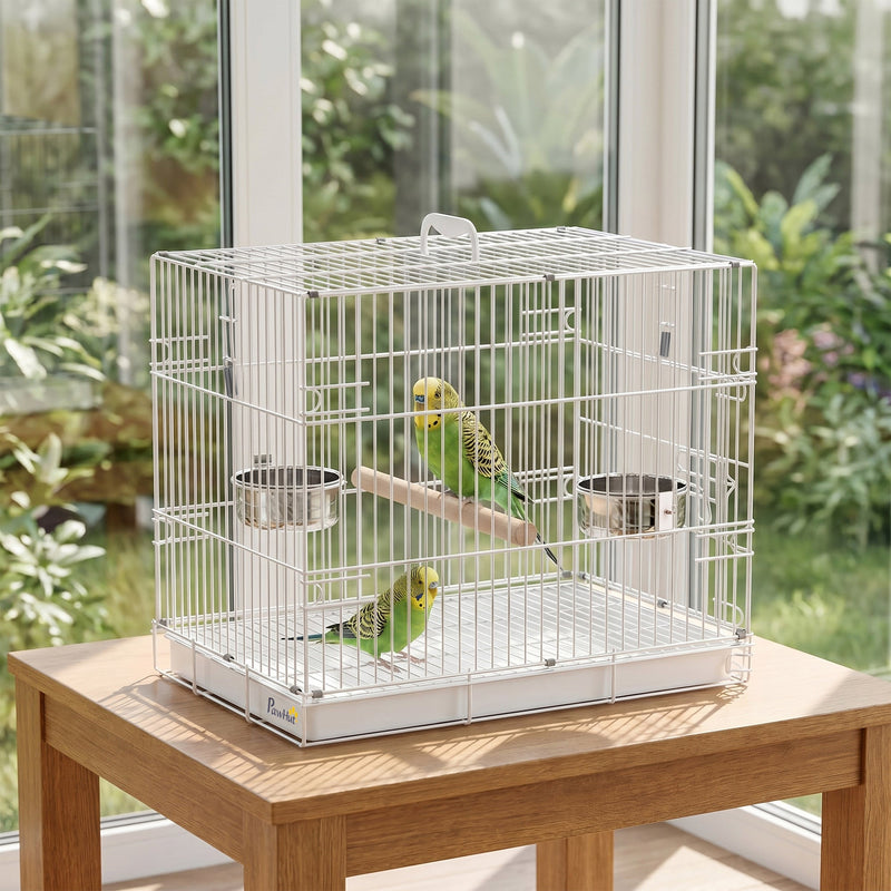 White bird travel cage on a wooden table by a garden window with two budgies inside
