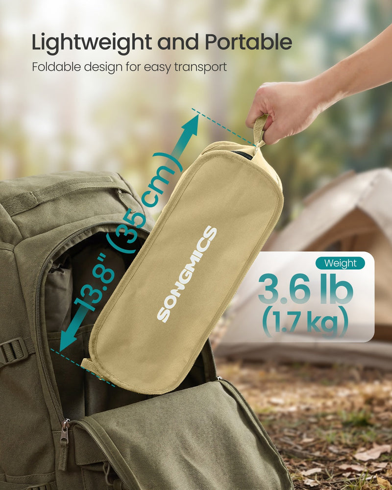 Khaki carry bag being slid into a rucksack, showing the 1.7 kg weight