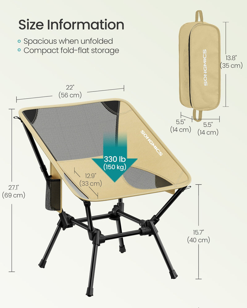 Size diagram of the khaki camping chair, 56 cm wide and 69 cm high