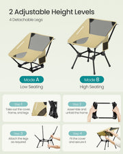 The chair shown in low and high seat modes with its 4 detachable legs