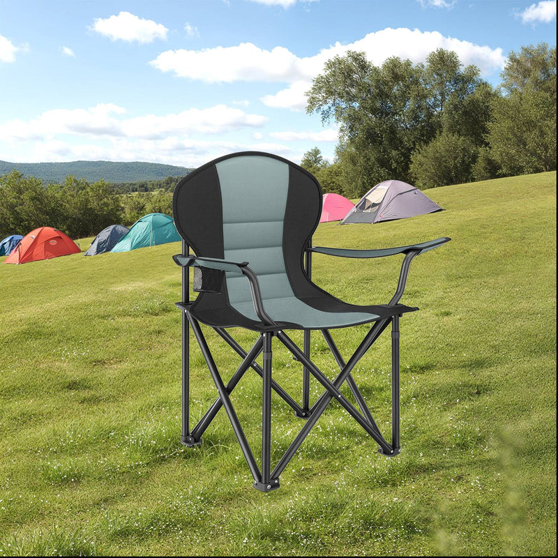 Folding camping chair close-up of padded backrest and mesh cup holder