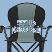 Folding camping chair side view showing steel X-frame legs
