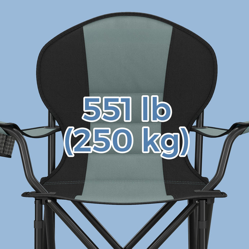 Folding camping chair side view showing steel X-frame legs