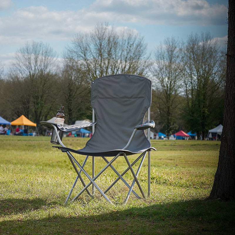 Folding camping chair close-up of built-in cup holder in armrest