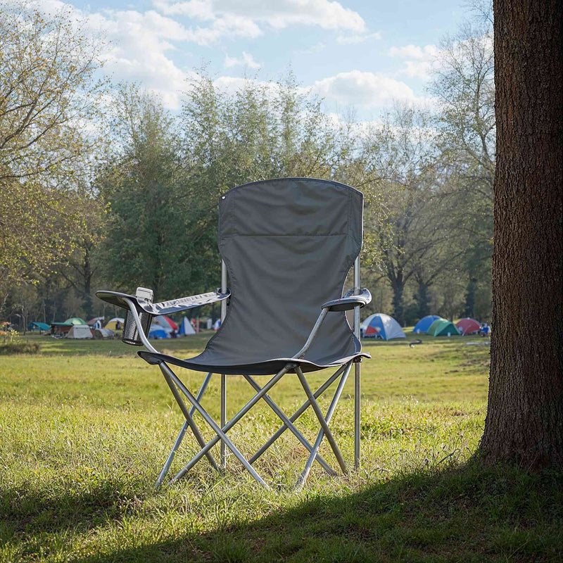 Folding camping chair folded down with carry bag