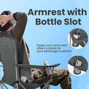 Folding camping chair front view showing steel frame and slate grey fabric