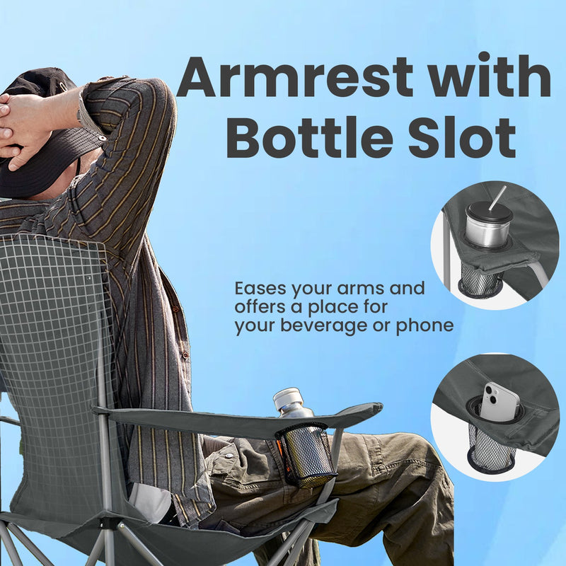 Folding camping chair front view showing steel frame and slate grey fabric
