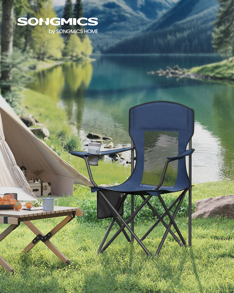 Harbour blue Songmics camping chair on grass by a lake with a tent behind