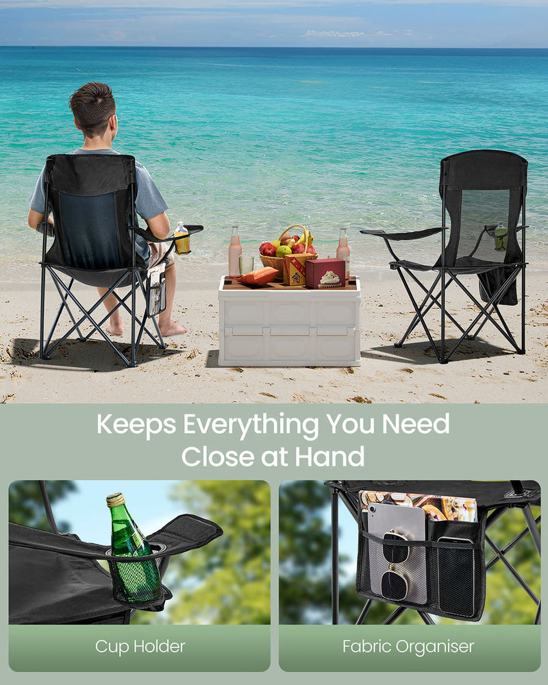 Two ink black chairs on a beach with cup holder and fabric organiser close-ups