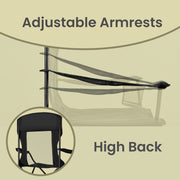 Diagram of the adjustable armrests and high back on the camping chair