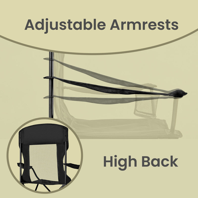 Diagram of the adjustable armrests and high back on the camping chair