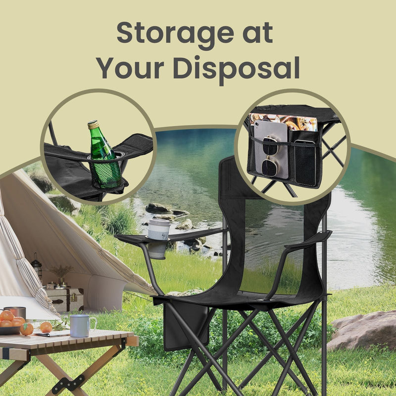 Cup holder and side organiser pockets shown on the ink black camping chair