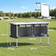 Dimension diagram showing 120 x 47 x 70cm overall size, 61 x 51 x 8cm folded and 105 x 37 x 40cm cupboard interior