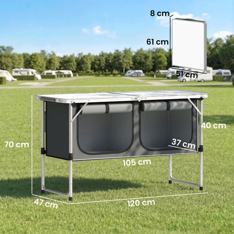Dimension diagram showing 120 x 47 x 70cm overall size, 61 x 51 x 8cm folded and 105 x 37 x 40cm cupboard interior