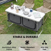 Camping table set for breakfast with two folding chairs, aluminium frame and anti-slip feet callout
