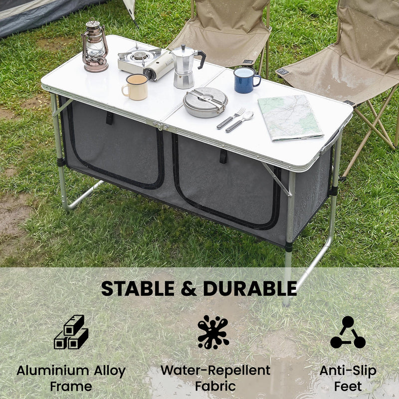 Camping table set for breakfast with two folding chairs, aluminium frame and anti-slip feet callout