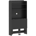 Black folding desk on a white background in its folded position, showing the open shelves, the cable hole in the back panel and two rear wheels