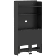 Black folding desk on a white background in its folded position, showing the open shelves, the cable hole in the back panel and two rear wheels