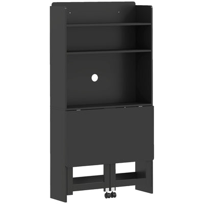 Black folding desk on a white background in its folded position, showing the open shelves, the cable hole in the back panel and two rear wheels