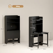Dimensions diagram of the folding desk showing the folded unit at 80 cm wide, 25.8 cm deep and 155 cm high, and the open unit at 80 cm wide and 69 cm deep with a 74 cm desk height, an 80 by 45.2 cm tabletop, shelf heights of 14 cm, 19.8 cm, 41.5 cm and 20 cm on 76.5 cm wide shelves, and 30 kg capacity