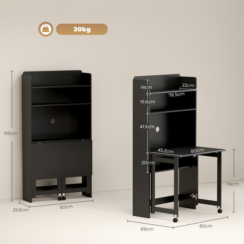 Dimensions diagram of the folding desk showing the folded unit at 80 cm wide, 25.8 cm deep and 155 cm high, and the open unit at 80 cm wide and 69 cm deep with a 74 cm desk height, an 80 by 45.2 cm tabletop, shelf heights of 14 cm, 19.8 cm, 41.5 cm and 20 cm on 76.5 cm wide shelves, and 30 kg capacity