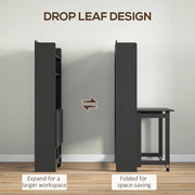 Drop leaf design graphic showing the black desk from the side in both its folded flat position and with the tabletop extended, with arrows between the two
