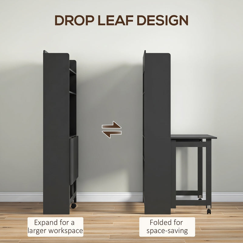 Drop leaf design graphic showing the black desk from the side in both its folded flat position and with the tabletop extended, with arrows between the two