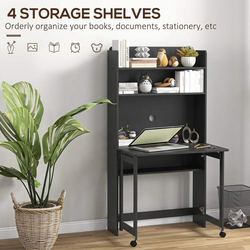 Black folding desk opened out with a laptop on the tabletop and books, plants and ornaments arranged across the 4 storage shelves