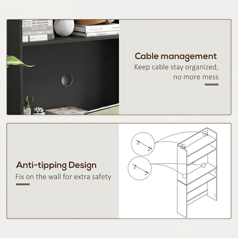 Two-panel graphic showing the cable management hole in the desk back panel and a line drawing of the anti-tipping wall fixing points