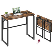 Rustic brown Vasagle folding desk shown open with a laptop and again folded flat