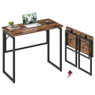 Rustic brown Vasagle folding desk shown open with a laptop and again folded flat