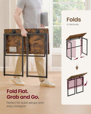 Man carrying the folded rustic brown desk beside a diagram of the folding sequence