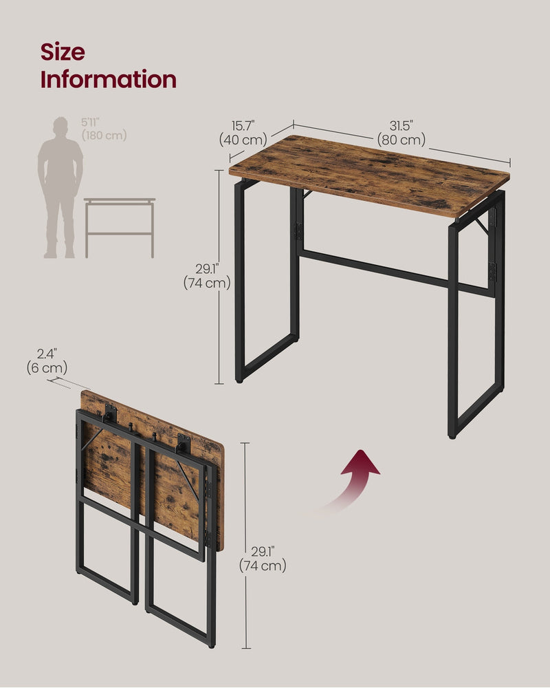 Size diagram giving the desk as 80 cm wide, 40 cm deep, 74 cm high and 6 cm folded