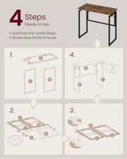 Four-step setup guide showing the two folding frame sections and the one-piece desktop