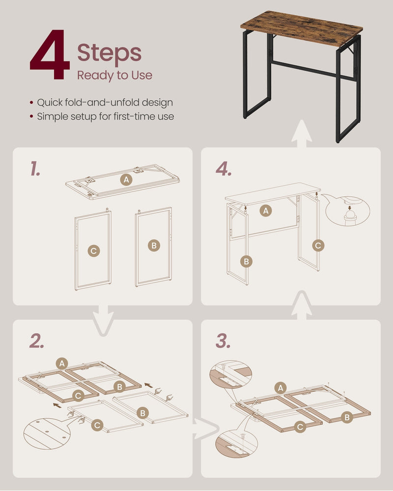 Four-step setup guide showing the two folding frame sections and the one-piece desktop