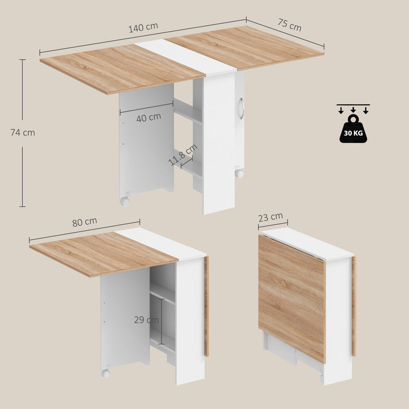 Dimension diagram of the Homcom folding table's extended, single-leaf and folded sizes