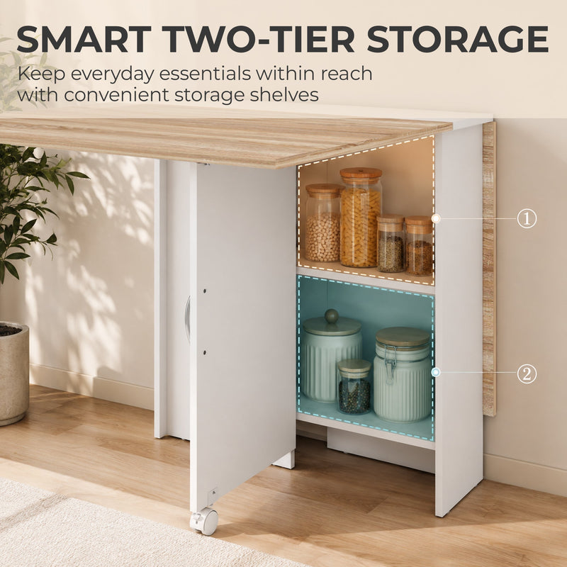 Close-up of the Homcom folding table's two-tier storage shelves holding kitchen jars