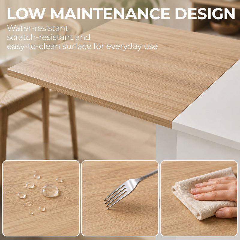 Close-up of the Homcom table's water-resistant, scratch-resistant wood-look tabletop
