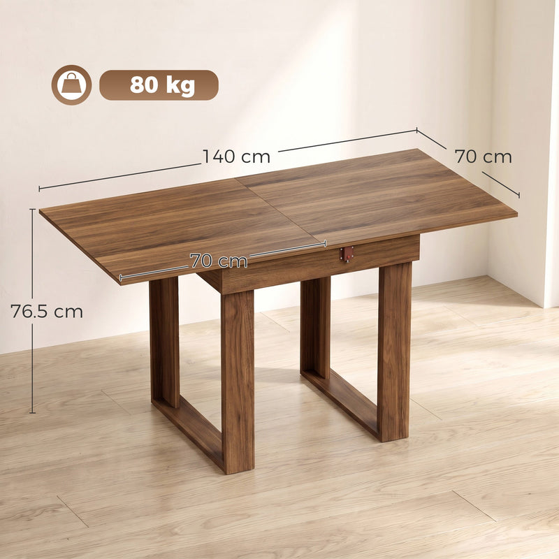 Dimension diagram of the walnut effect folding table showing 140 x 70 x 76.5 cm expanded size
