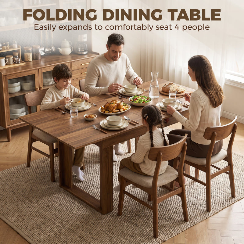 Family of four eating dinner at the expanded walnut effect folding dining table