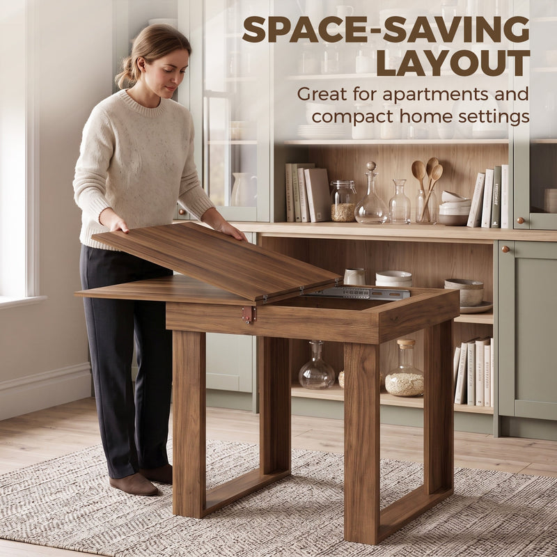 Walnut effect folding table with one leaf lifted to show the hidden under-table storage cubby