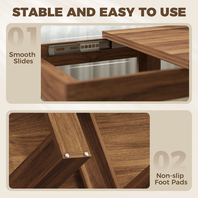 Close-up of the walnut effect table's smooth slide rail and non-slip foot pad
