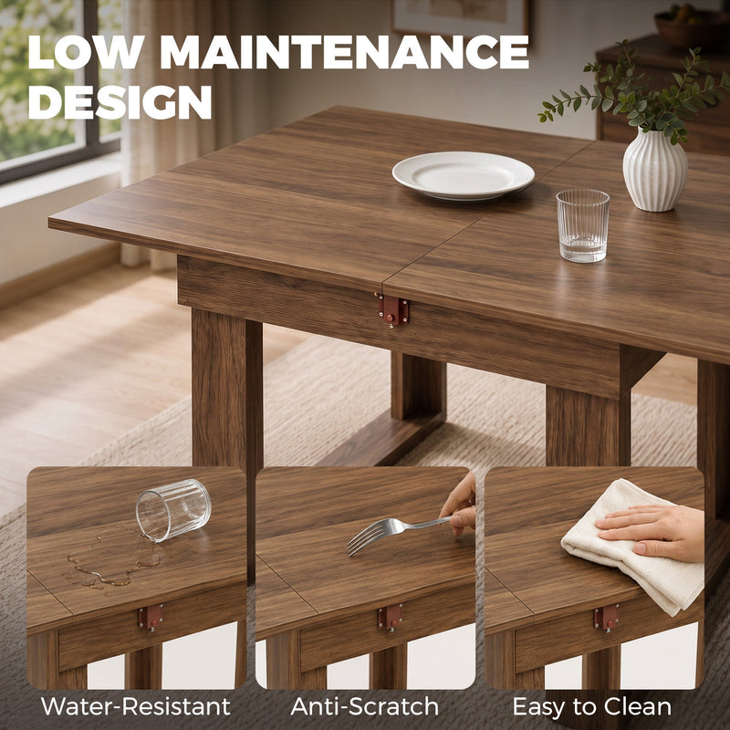 Walnut effect tabletop demonstrating water-resistant, anti-scratch and easy-clean surface