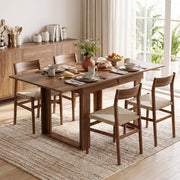 Walnut effect folding table fully expanded for a family breakfast