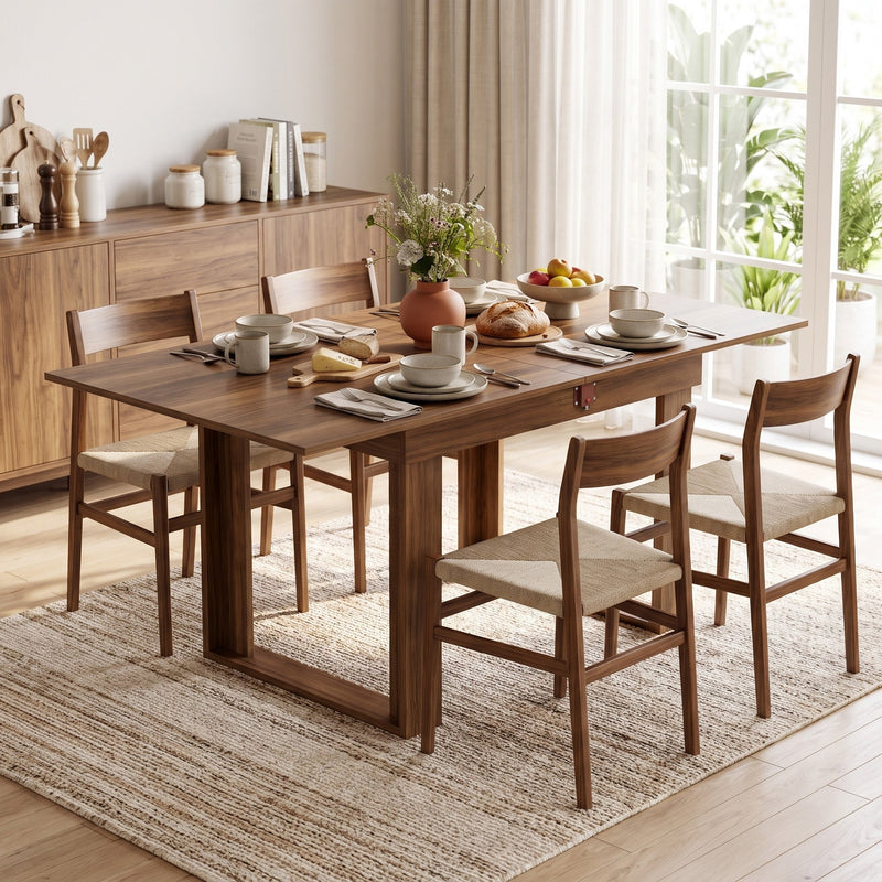 Walnut effect folding table fully expanded for a family breakfast