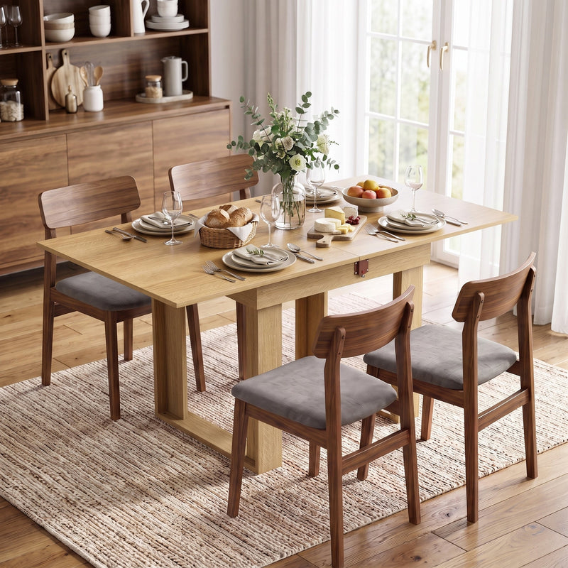 Oak effect folding dining table set for dinner with four wooden dining chairs