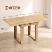 Dimension diagram of the oak effect folding table showing 140 x 70 x 76.5 cm expanded size